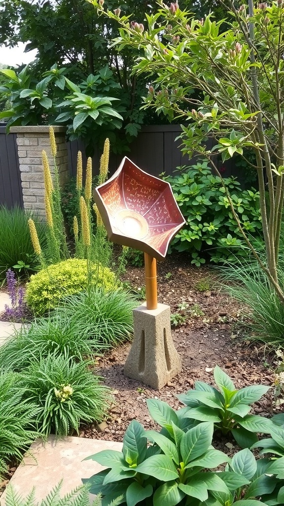 A garden sculpture resembling a vintage gramophone surrounded by greenery.