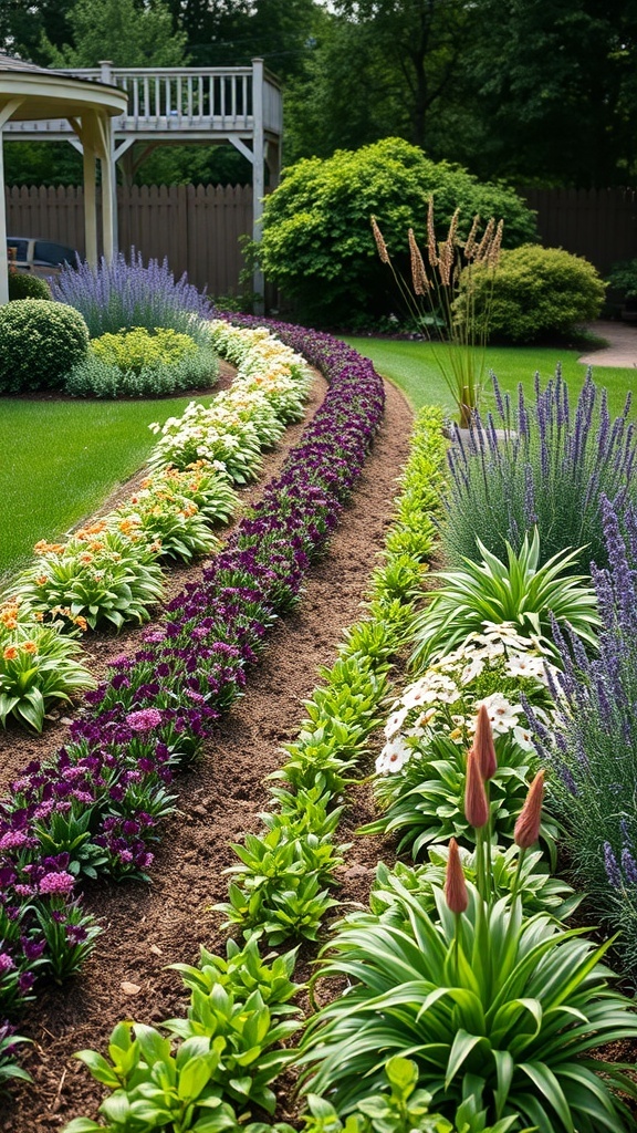 A beautifully arranged perennial garden border with a variety of colorful flowers and lush greenery.