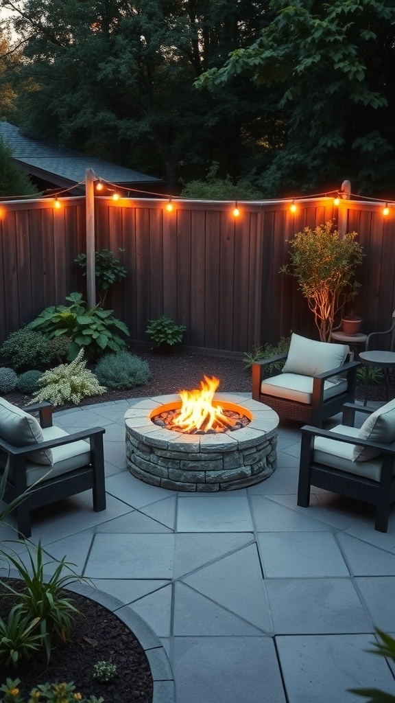 Cozy backyard fire pit area with stone seating and string lights