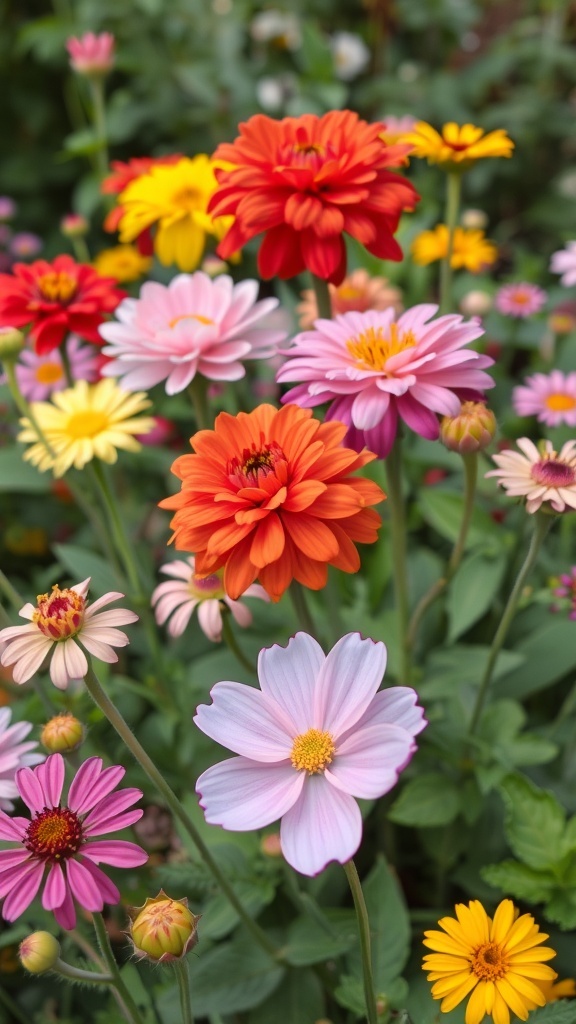 A vibrant display of various garden flowers including zinnias and cosmos in different colors.