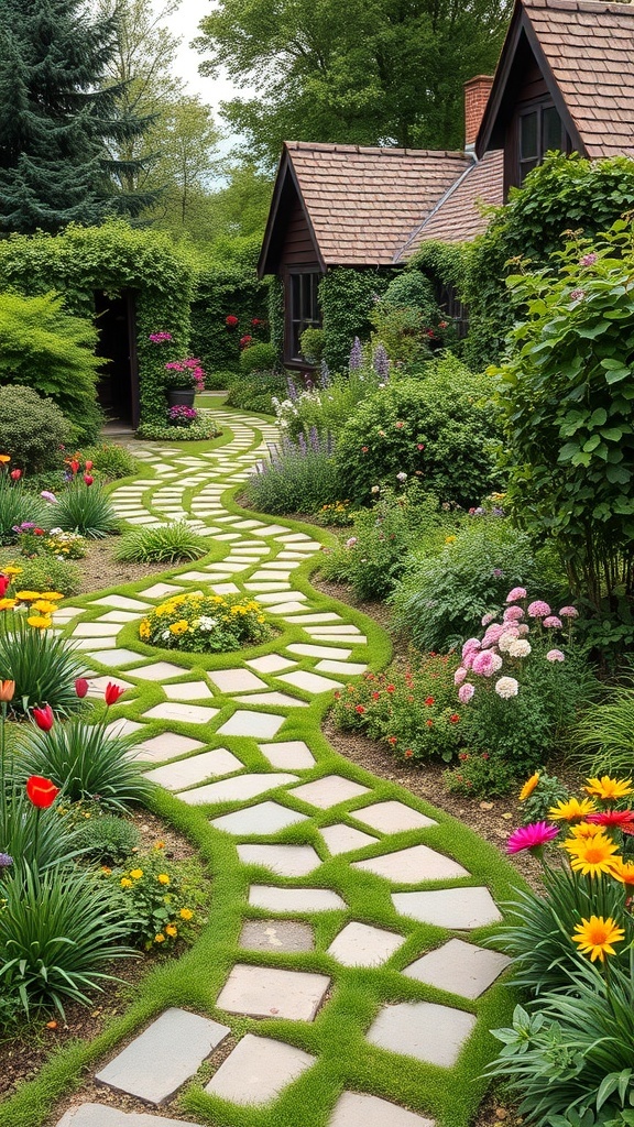 A winding stone pathway through a lush cottage garden filled with colorful flowers.