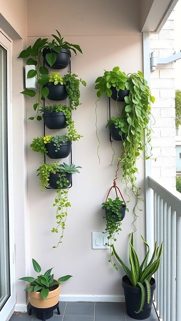 Vertical garden setup on an apartment balcony with various plants in wall-mounted and floor pots.