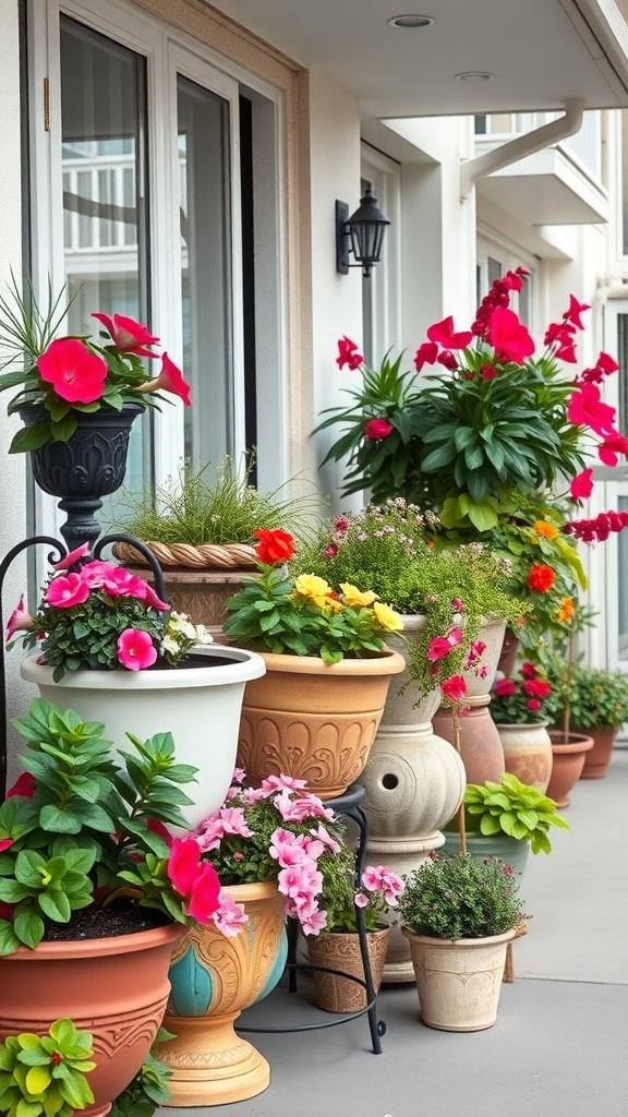 A balcony garden featuring a variety of decorative planters and pots filled with colorful flowers.