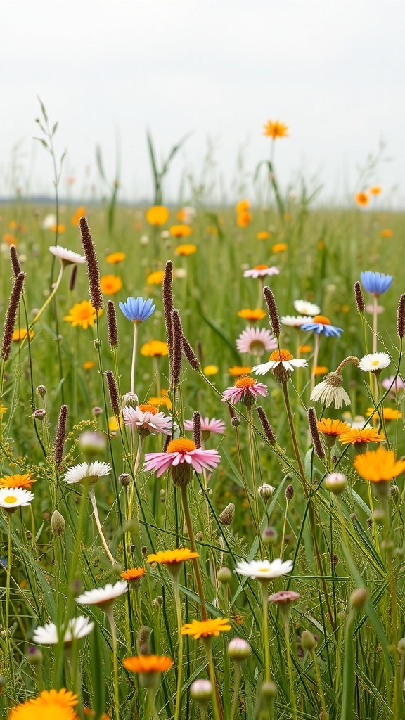 A field of colorful wildflowers including daisies, cornflowers, and buttercups.