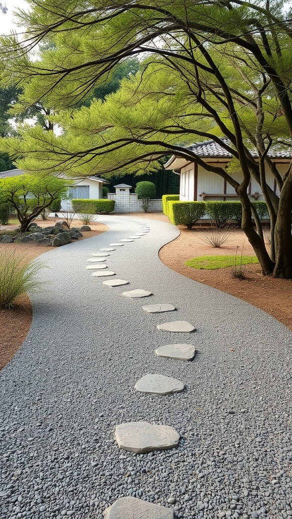 A winding pathway made of stepping stones in a zen garden, surrounded by greenery and a tranquil atmosphere.