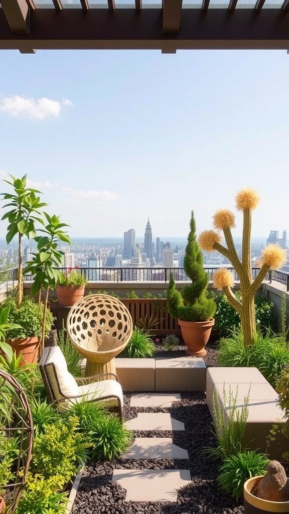 A beautifully designed roof garden featuring sculptures, plants, and a city skyline.