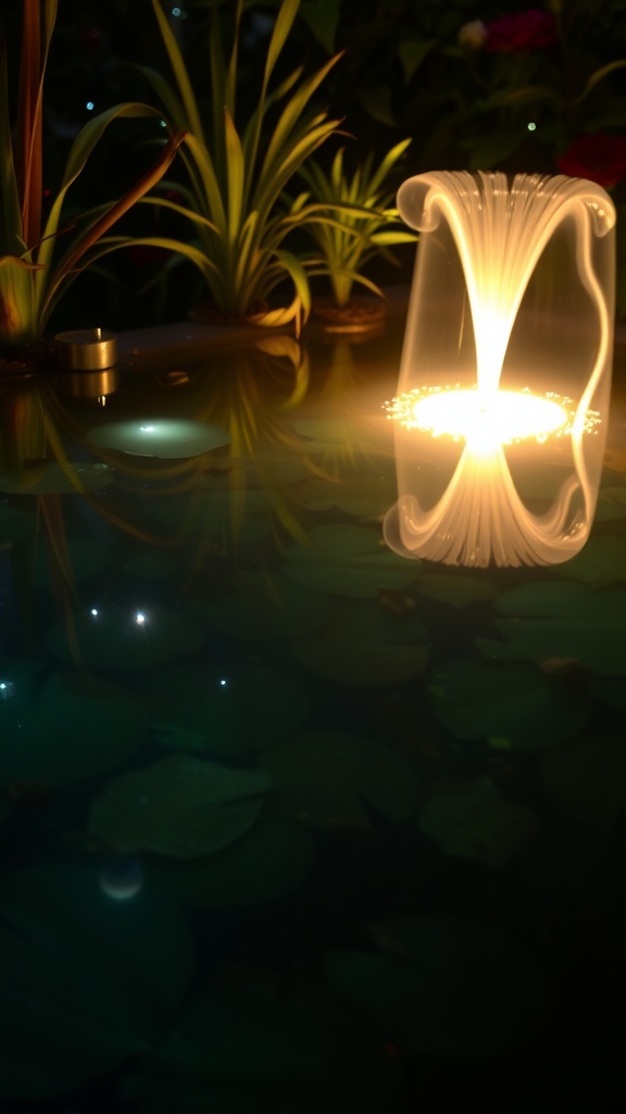 A beautifully lit water feature with flowing water and surrounding plants at night.