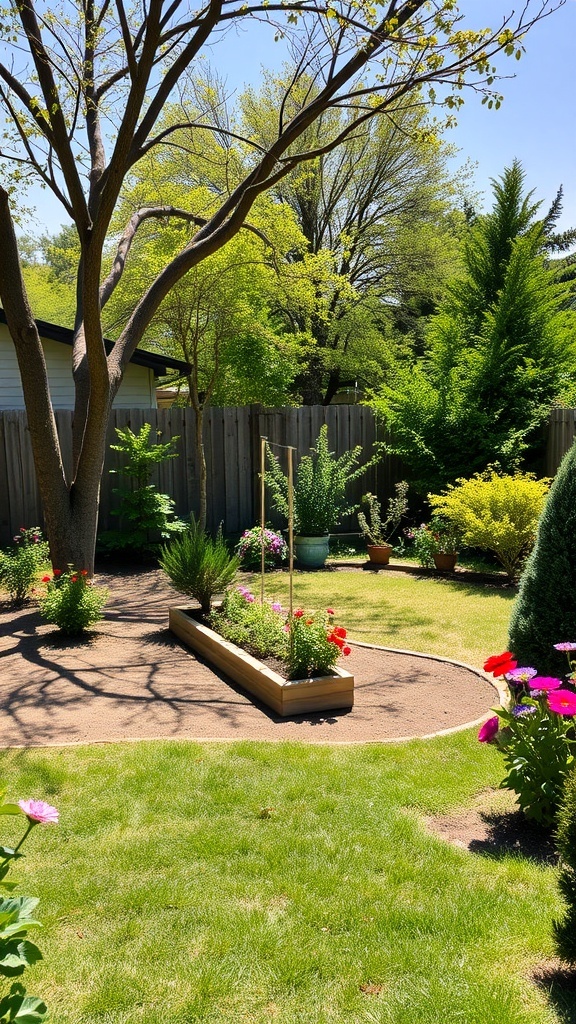 A sunny garden featuring a raised bed surrounded by flowers and greenery.