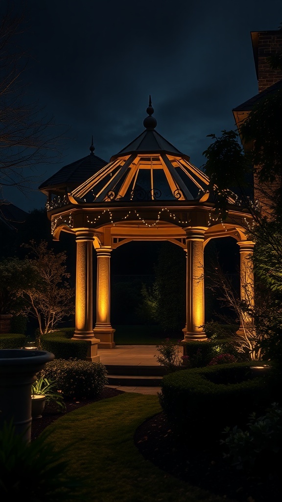 A beautifully lit gazebo in a garden at night, showcasing its architectural features.