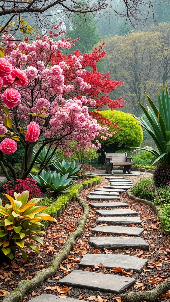 A serene zen garden with blooming cherry blossoms and a stone pathway.