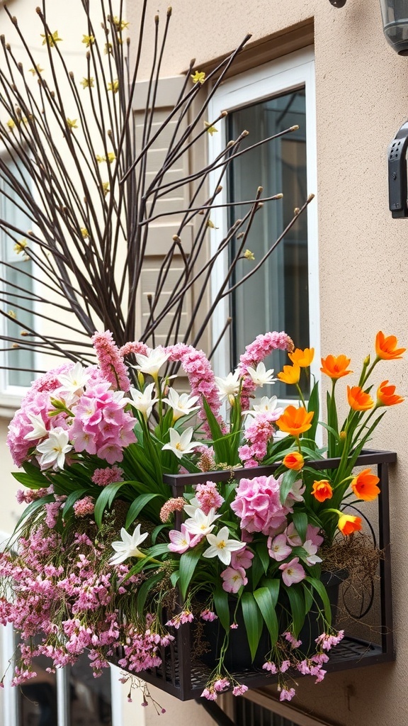 A vibrant balcony garden featuring pink and orange flowers along with decorative branches.