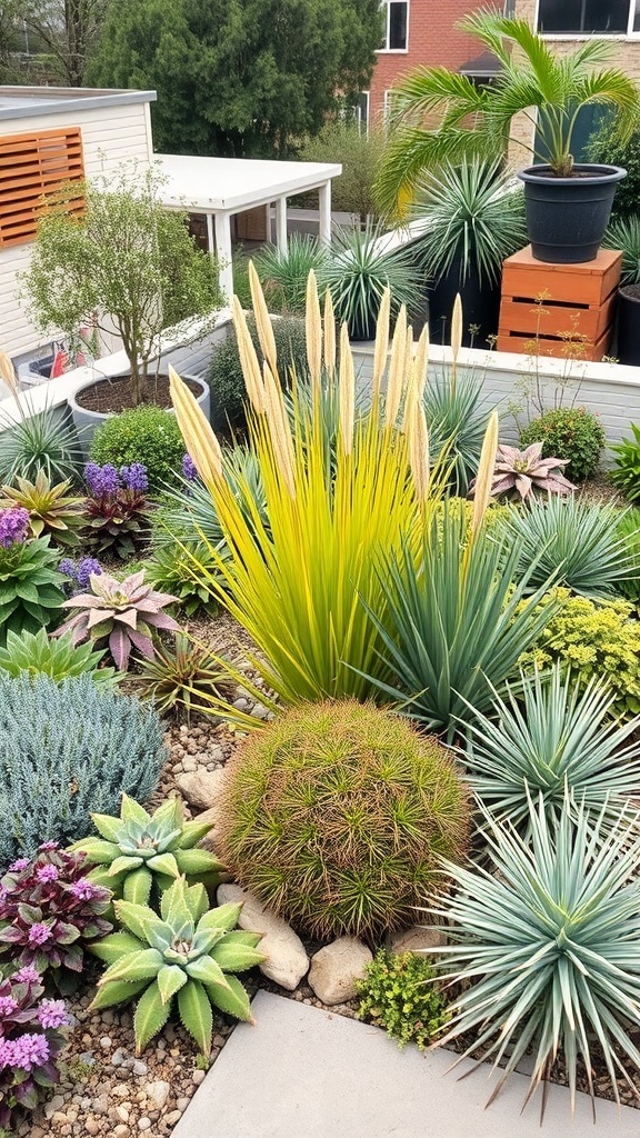 A colorful and diverse roof garden featuring various plants including succulents, cacti, and native species.