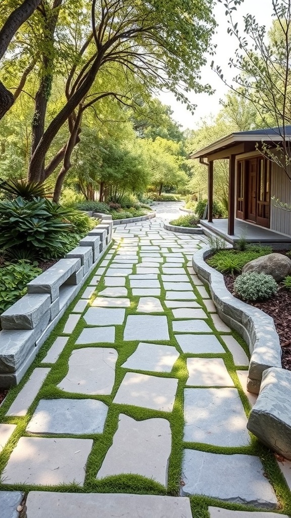 A beautifully designed stone pathway surrounded by greenery in a garden.