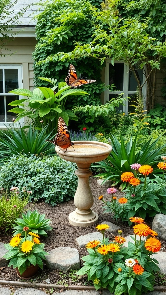 A vibrant cottage garden with a birdbath, colorful flowers, and butterflies fluttering around.