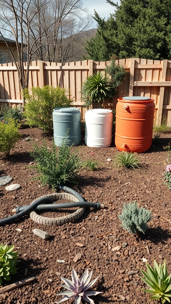 A dry garden featuring colorful rain barrels and drought-resistant plants.