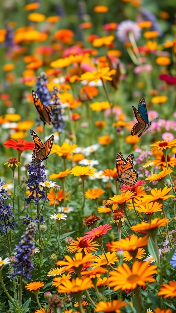 A colorful garden filled with flowers and butterflies, showcasing a variety of blooms in vibrant colors.