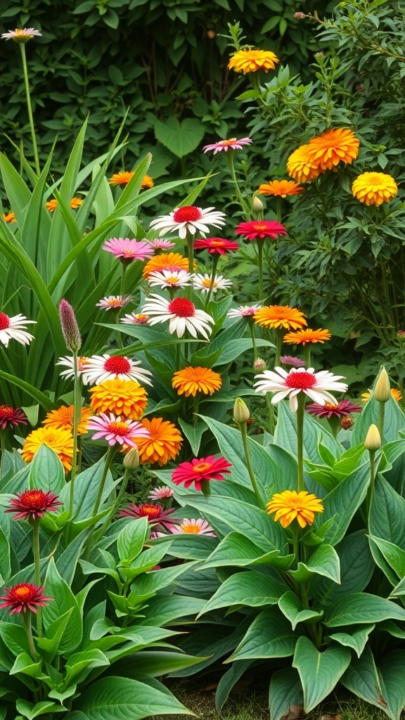 A vibrant garden scene with colorful flowers including daisies and zinnias, surrounded by lush green foliage.