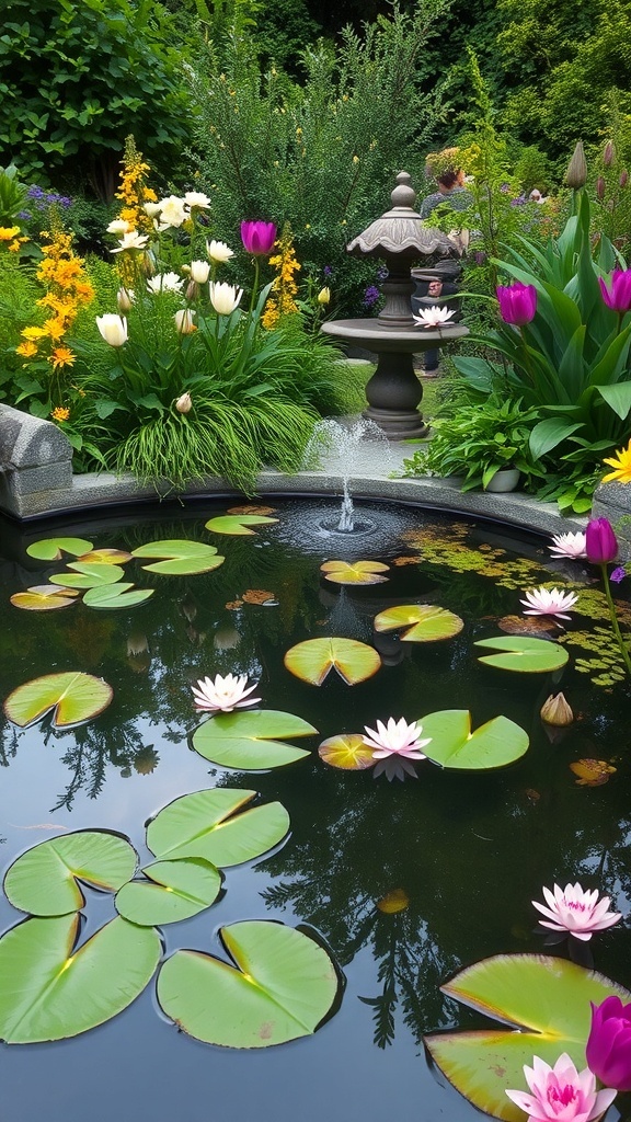 A tranquil garden pond with lily pads and a fountain surrounded by colorful flowers.
