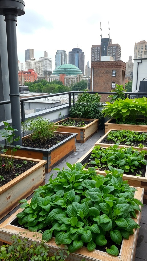 A rooftop garden with wooden planters filled with leafy greens and herbs, overlooking a city skyline.