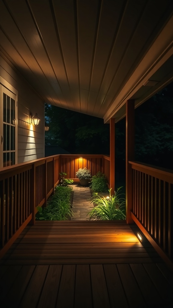 A well-lit under-deck pathway with plants and wooden deck