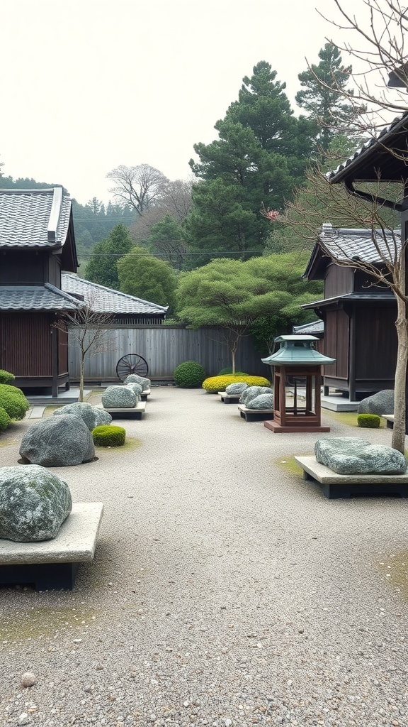 A serene Zen garden featuring rocks, plants, and a lantern, symbolizing tranquility and balance.