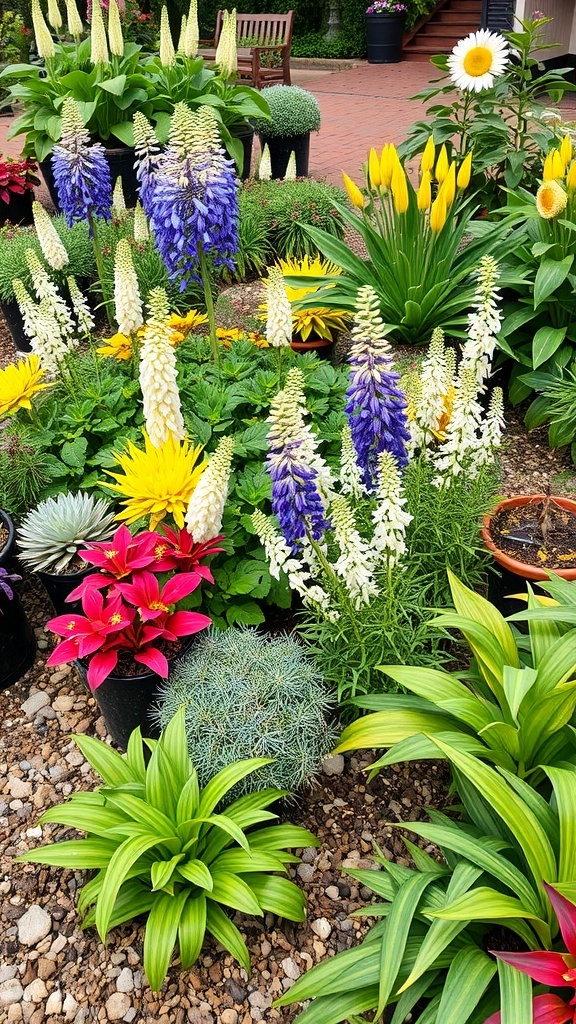 A colorful arrangement of various plants and flowers in pots, showcasing a vibrant garden design.