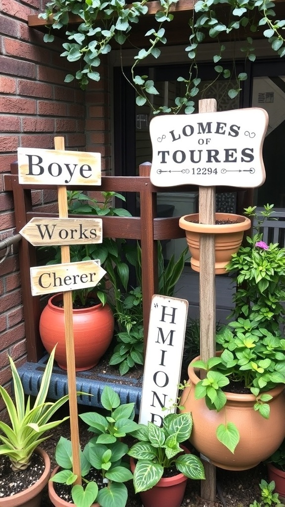 A vibrant balcony garden with various potted plants, a playful statue, and a guitar, showcasing personalized decor.