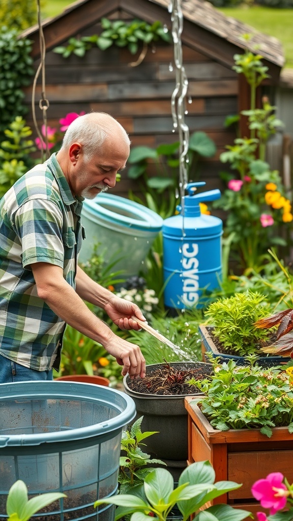 A person tending to a garden filled with various plants and a blue water barrel in the background.