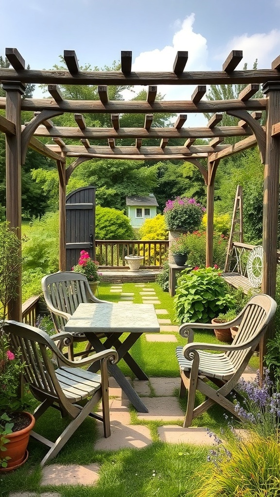 A cozy cottage garden featuring a wooden pergola, chairs, and a stone pathway surrounded by colorful flowers.