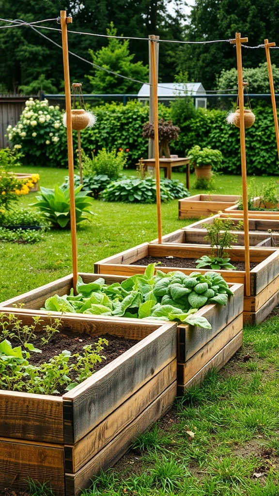 Wooden raised garden beds filled with various green plants in a backyard setting.