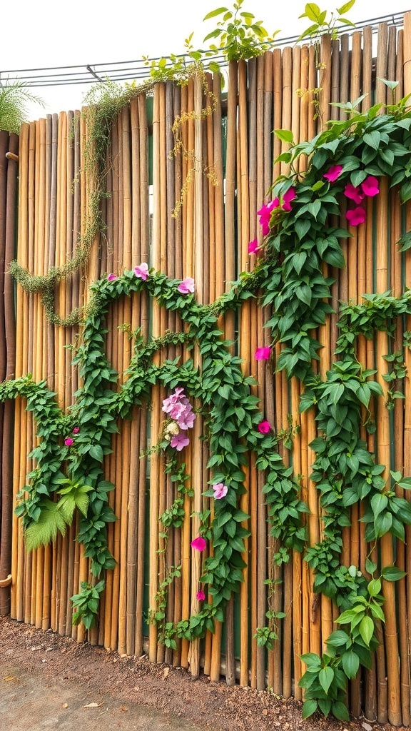 A bamboo wall with climbing plants and colorful flowers.