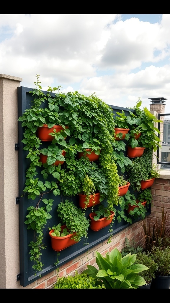 A vertical garden with various green plants in orange pots mounted on a wall.