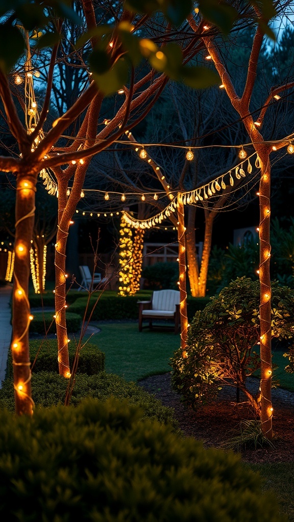 A garden illuminated with string lights wrapped around trees and pathways, creating a cozy atmosphere.