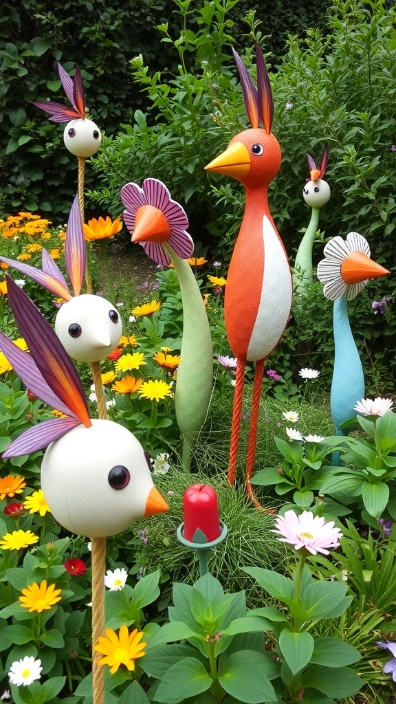 A colorful garden featuring large letters, playful sculptures, and vibrant flowers.