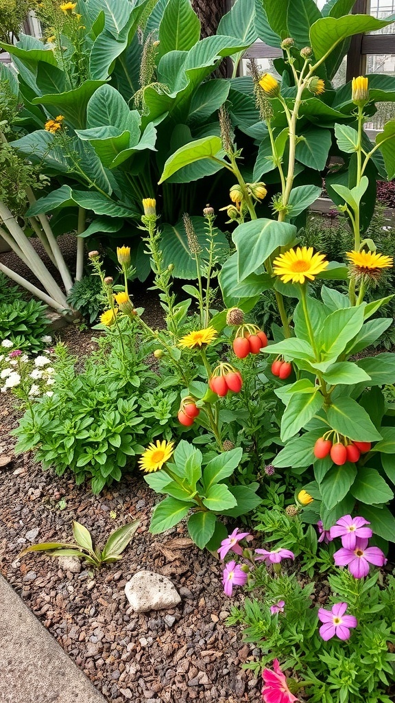 A colorful garden featuring edible perennials with yellow flowers and red fruits.