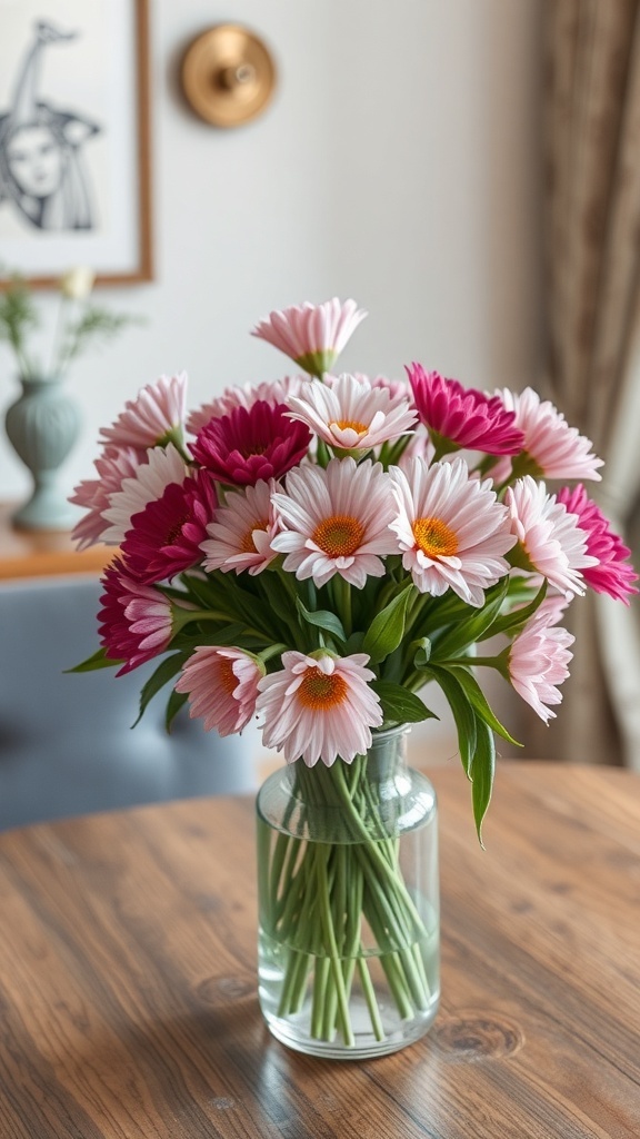 A bouquet of pink and white daisies in a clear vase on a wooden table.