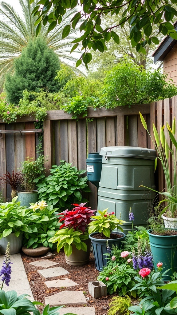 A vibrant cottage garden with various plants in pots and a compost bin, showcasing sustainable gardening practices.
