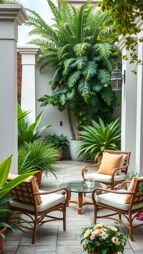 Cozy outdoor seating area with two chairs, a glass table, and lush greenery