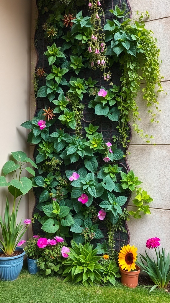 A vibrant vertical garden featuring various plants and flowers on a wall.