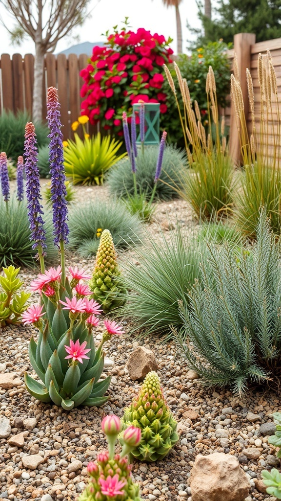 A colorful low-maintenance perennial garden featuring pink flowers, succulents, and bougainvillea.