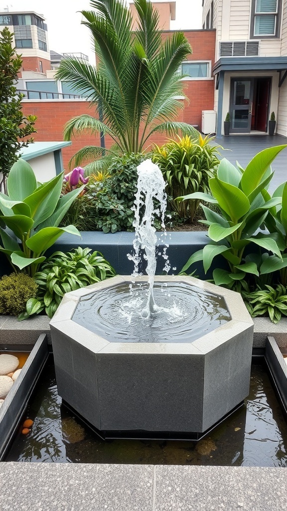 An octagonal fountain surrounded by lush green plants in a rooftop garden.