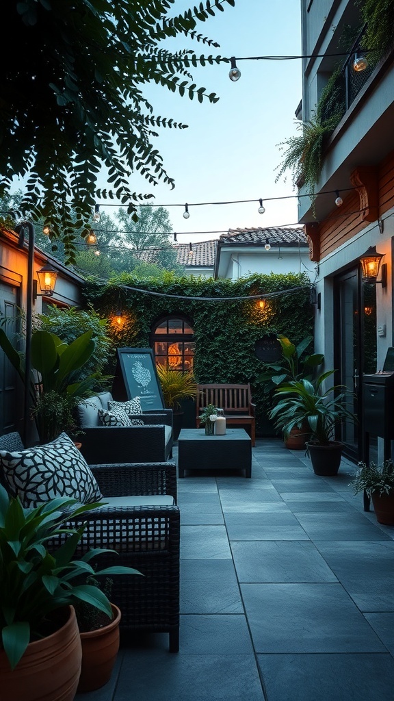 Cozy outdoor garden with seating and plants, illuminated by soft lights