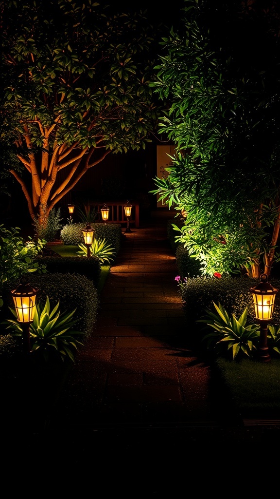 A beautifully lit garden pathway with lanterns and lush greenery