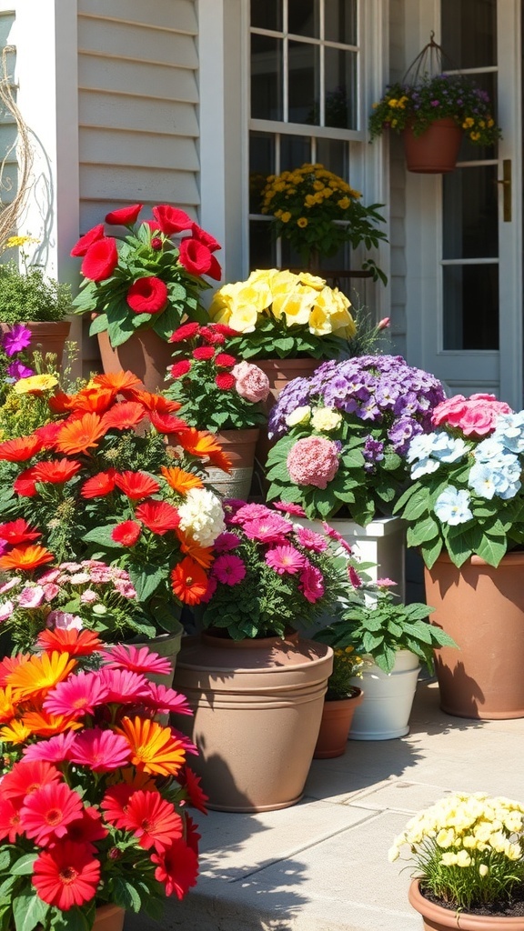 A variety of colorful flowers in pots arranged on steps leading to a house.