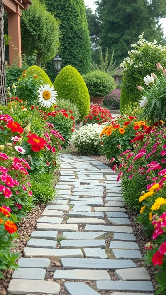 A stone pathway surrounded by colorful flowers in a garden
