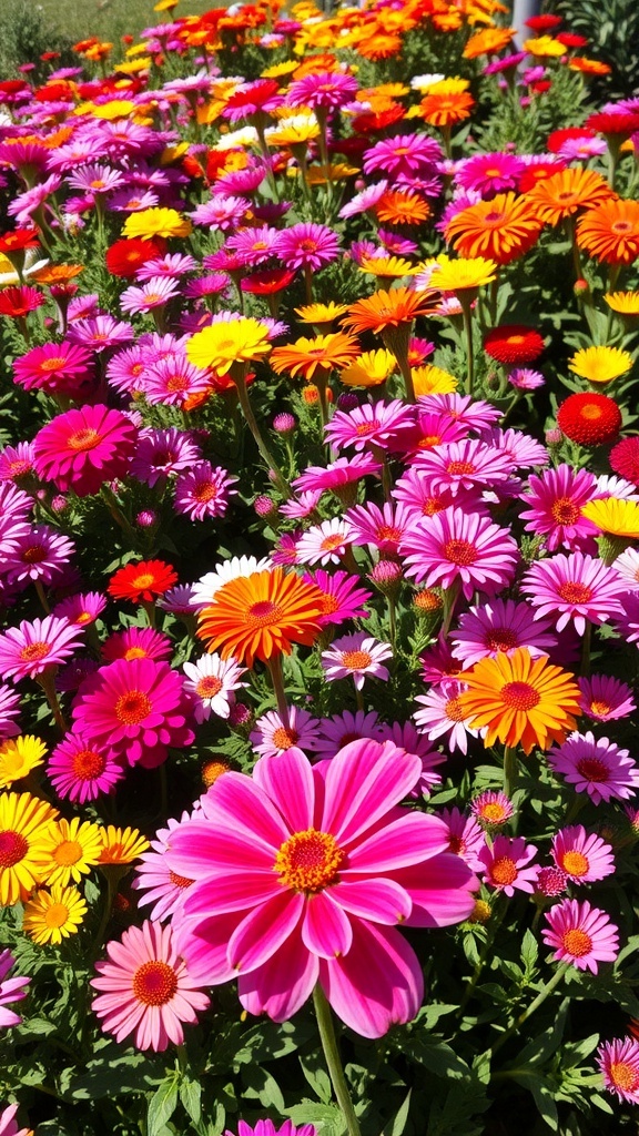 A vibrant display of colorful flowers including pink, orange, and yellow blooms in a garden.