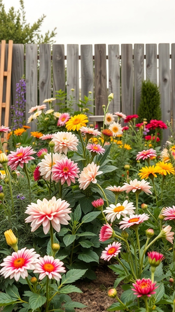 A colorful garden filled with various heirloom flowers, showcasing pink and yellow blooms against a wooden fence.