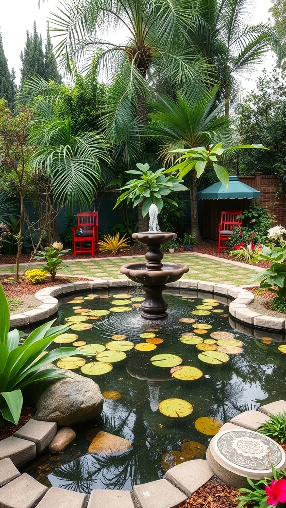 A serene back garden featuring a central fountain surrounded by lily pads and vibrant plants.