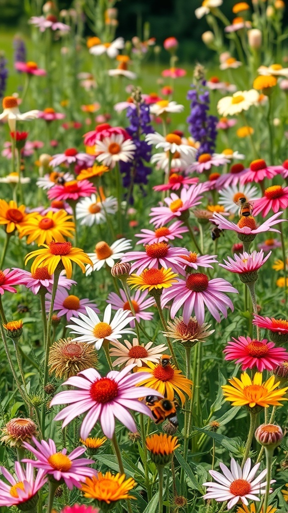 A colorful perennial garden filled with various flowers attracting bees and butterflies.