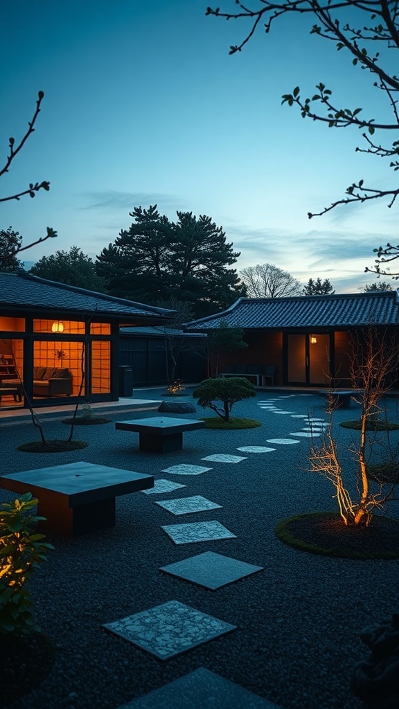 A zen garden at dusk with warm lighting illuminating the path and surrounding plants.